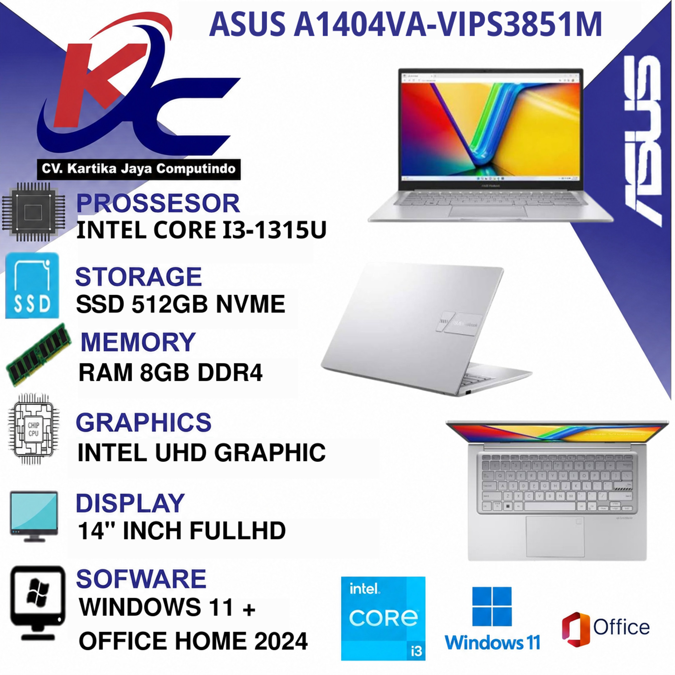ASUS A1404VA-VIPS3856M  I3-1315U/ 8GB/ SSD512/ FHD IPS/ W11 OHS+365 SILVER